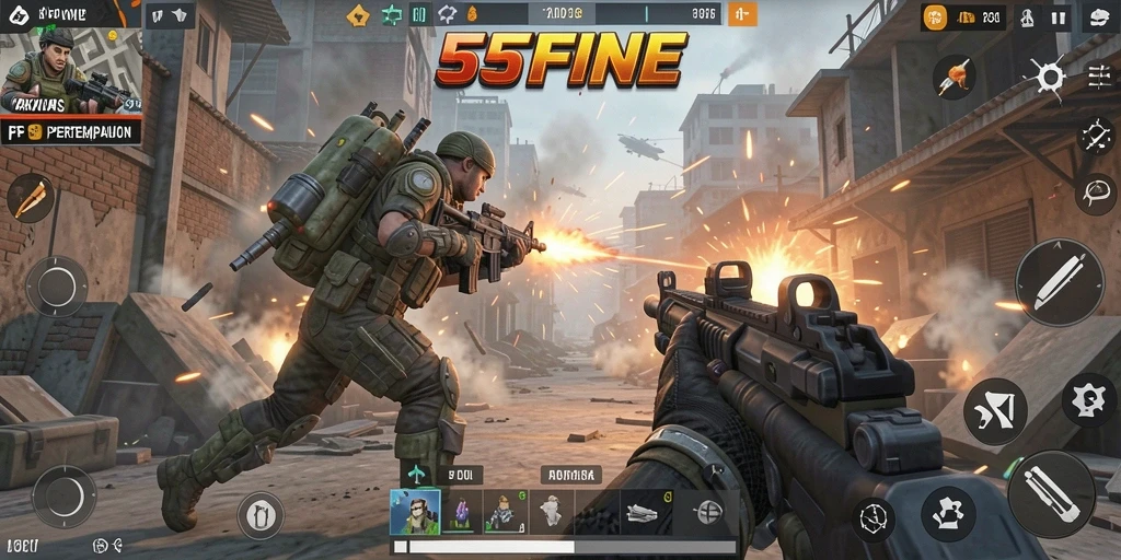 Tampilan gameplay seru dari 55FIVE dalam pertempuran FPS.