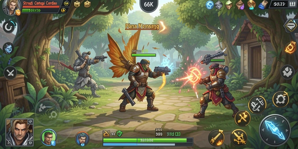 Screenshot gameplay 66K menampilkan aksi strategi yang intens.