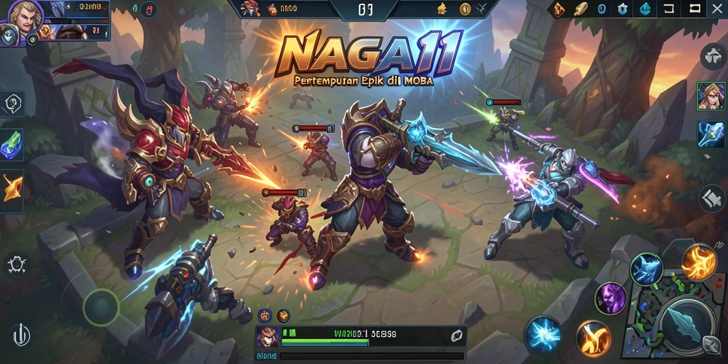 Screenshot gameplay NAGA11 menampilkan pertempuran sengit antara tim di arena.