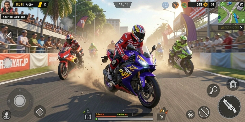 Tampilan saat bermain RAKYATJP dengan aksi balapan motor yang seru.
