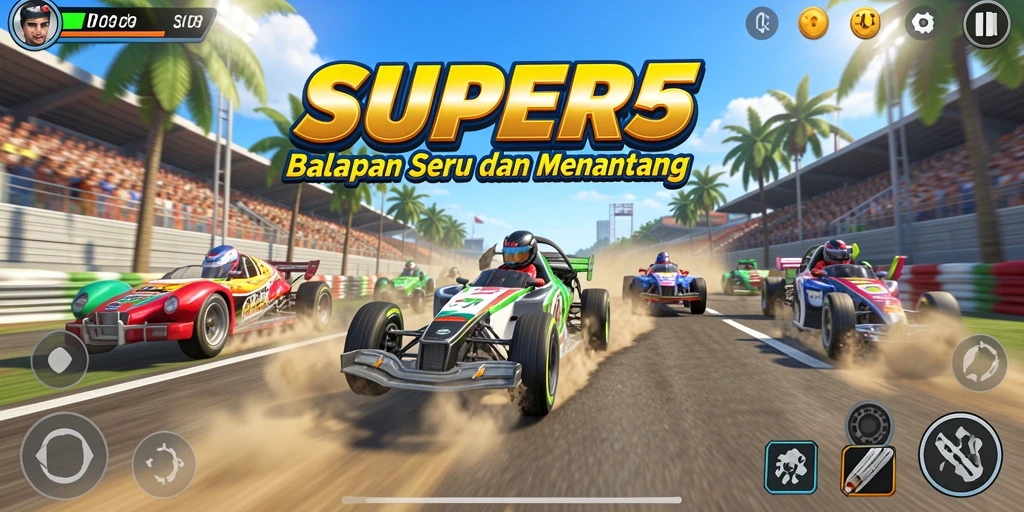 Tampilan gameplay SUPER5 yang mendebarkan dan penuh aksi balapan.