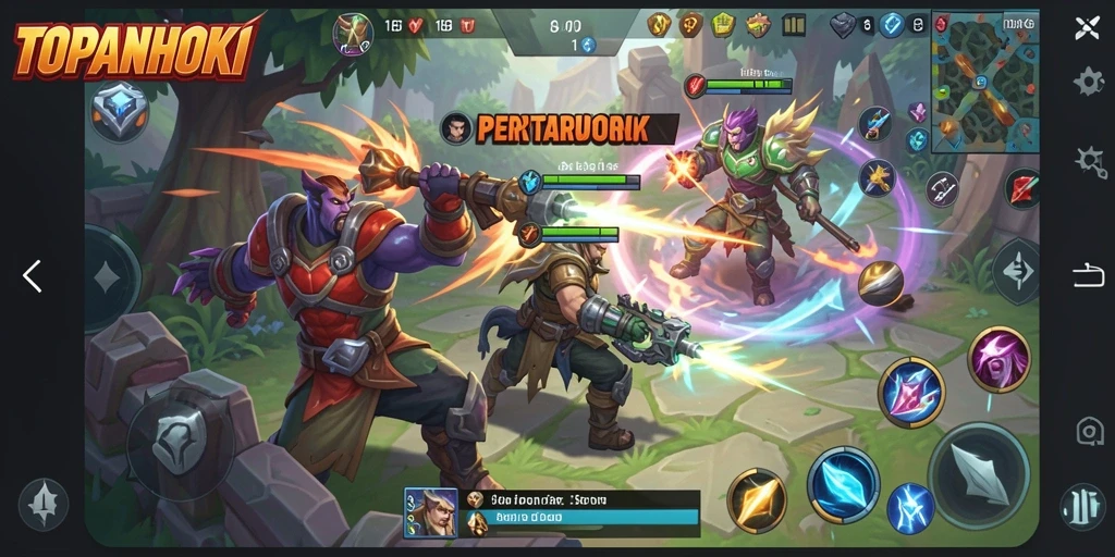 Screenshot gameplay TOPANHOKI yang menunjukkan pertarungan epik antara karakter.